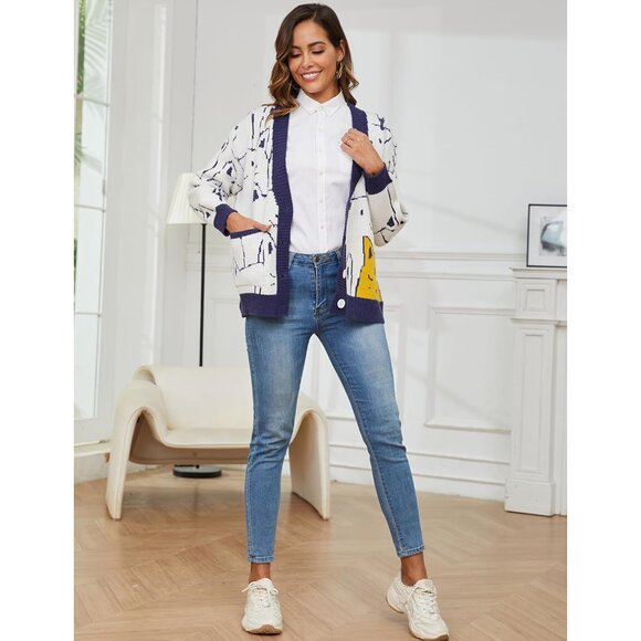 Women's Oversized Cat Cardigan Sweater Knit V-Neck Button Up Casual - Picture 6 of 7